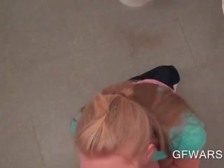 Grand ass blonde gets on her knees for a BJ